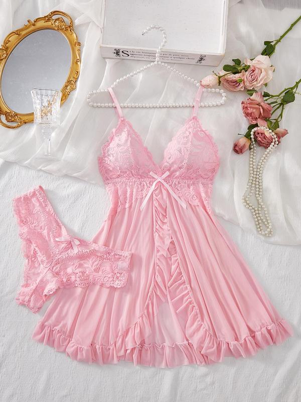 Women's Contrast Lace Bow Decor Sexy Lingerie Set, Romantic Ruffle Trim Split Cami Nightdress & Panty Set, Lingerie for Women, Ladies Nightwear & Sleepwear for All Seasons, Loungewear, Womenswear Homewear