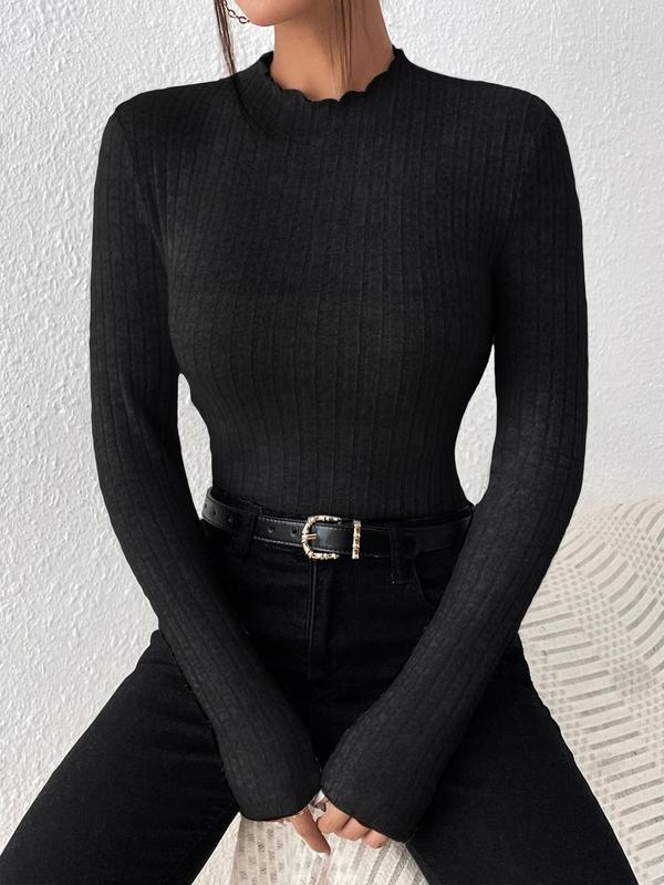 Women's Solid Lettuce Trim Mock Neck Ribbed Skinny Tee, Casual Long Sleeve T-shirt for Spring & Fall, Fashion Women's Knitwear for Daily Wear