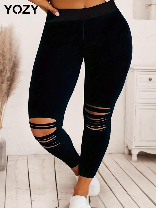 YOZY Black Friday Deals [3 colors] Solid Ripped Leggings  Casual Comfy Breathable Skinny Pants, 2024 Women's Summer Outfits for Daily Wear, Back To School Outfits, Christmas 2024 Trend, Thanksgiving Clothes, Fall Clothes, Winter Clothes