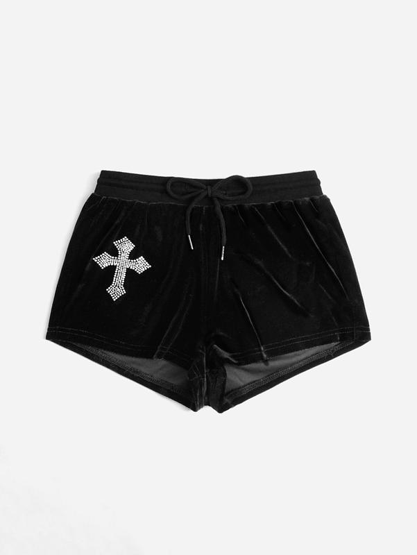ROMWE Grunge Punk Cross Rhinestone Velvet Shorts
