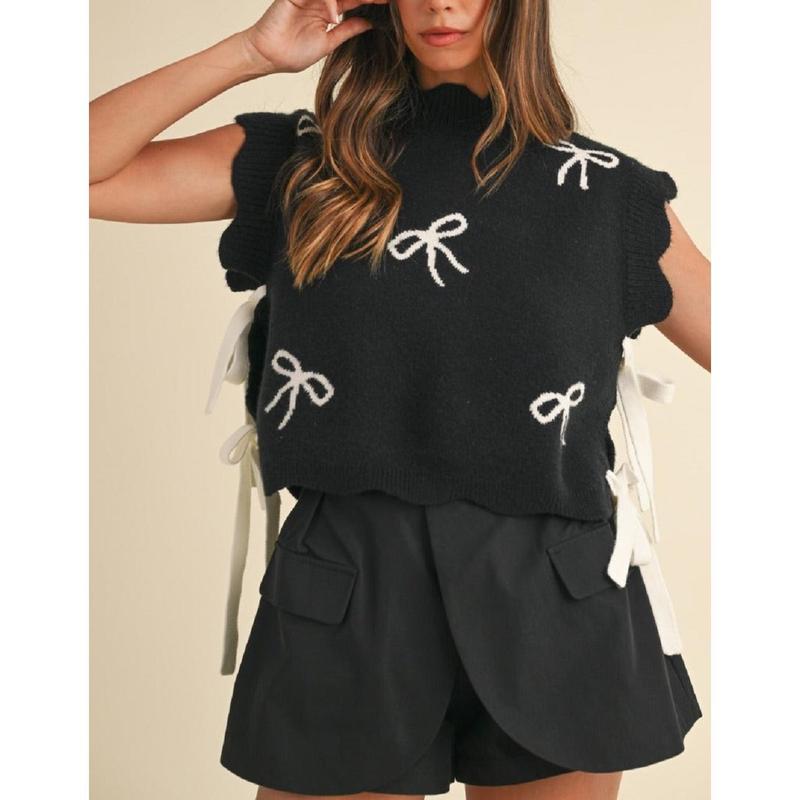 Women Sleeveless Bow Tie Sweater Vest Mock Neck Scalloped Short Sleeve Knit Vest Y2k Bow Print Side Slit Crochet Aesthetic Tank Top