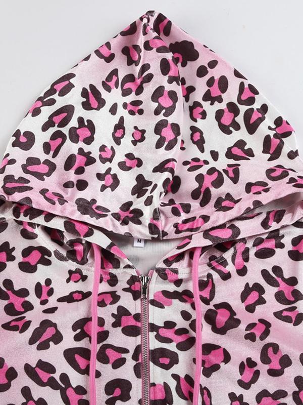 Women's Leopard Patchwork Drawstring Zip Up Hooded Jacket, Casual Long Sleeve Pocket Outerwear for Daily Wear, Jackets for Women, Ladies Clothes for All Seasons