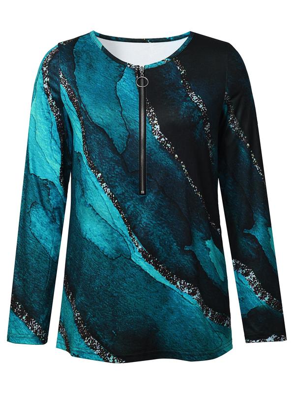 Women's All Over Print Half Zip Round Neck Tee, Fall Outfits, Fallfreshness Casual Long Sleeve Crew Neck Top for Spring & Fall, Women's Clothing for Daily Wear