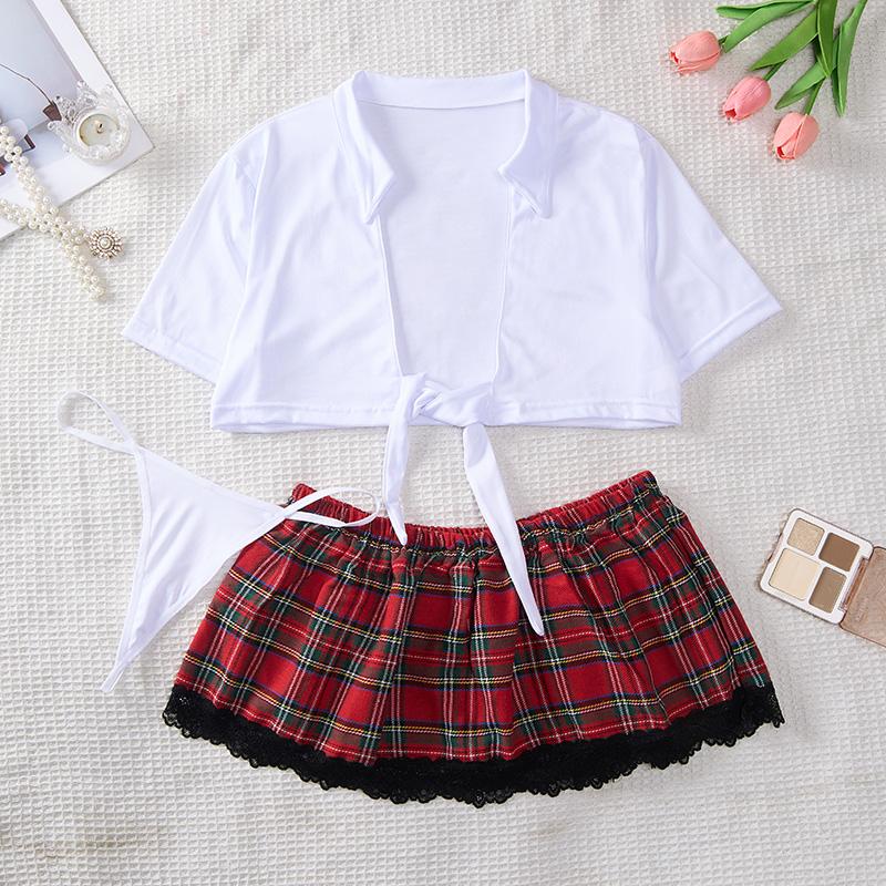 YOKO [White Red, Size S-XL] 3-piece Lingerie Set, Short Strappy Top, Red Plaid Skirt, Black Lace, Underwear