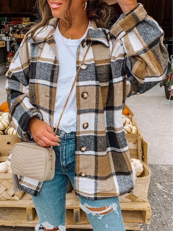 Women's Plaid Print Button Front Drop Shoulder Coat, Casual Long Sleeve Collared Outerwear for Fall & Winter, Ladies Clothes for Daily Wear