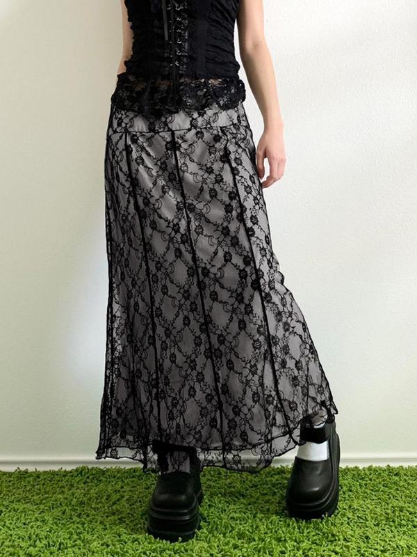 Women's Floral Lace Lettuce Trim Drop Waist A Line Skirt, Femboy Sissy Goth Outfit, Elegant Fashion Casual Long Skirt for Daily Outdoor Wear, Women Bottoms for Spring & Fall