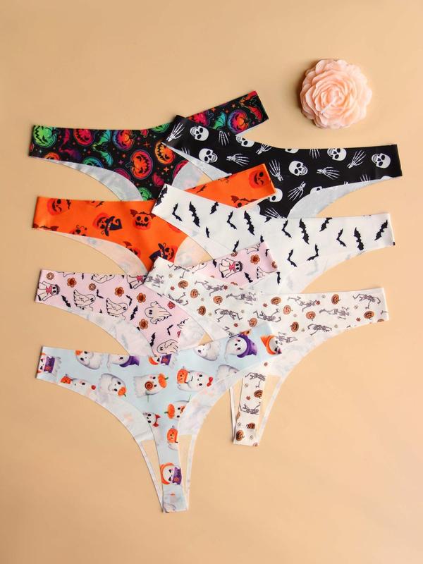 Women's Graphic Print Seamless Thong, Soft Comfy Breathable Halloween Drop Waist Panties for Fall Daily Wear, Fall Underwear for Women, Women's Underwear for All Seasons, Black Girl Wear