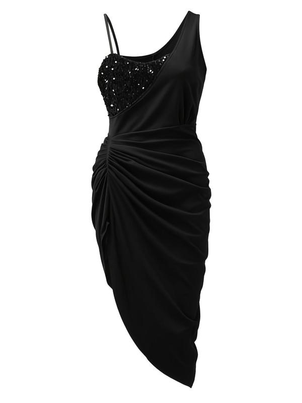 Women's Glitter Sequin Ruched Split Hem Evening Dress, Elegant Sleeveless Bodycon Dress for Party & Banquet, Ladies' Clothes for All Seasons