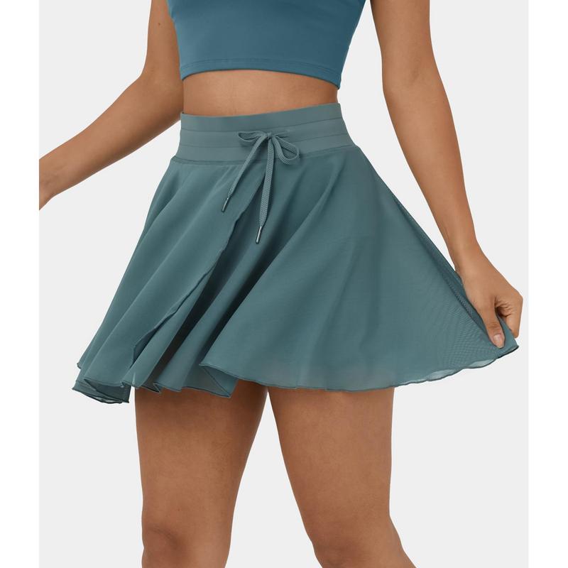 Halara High Waisted Drawstring Contrast Mesh 2-in-1 Side Pocket Flowy Mini Flare Casual Skirt