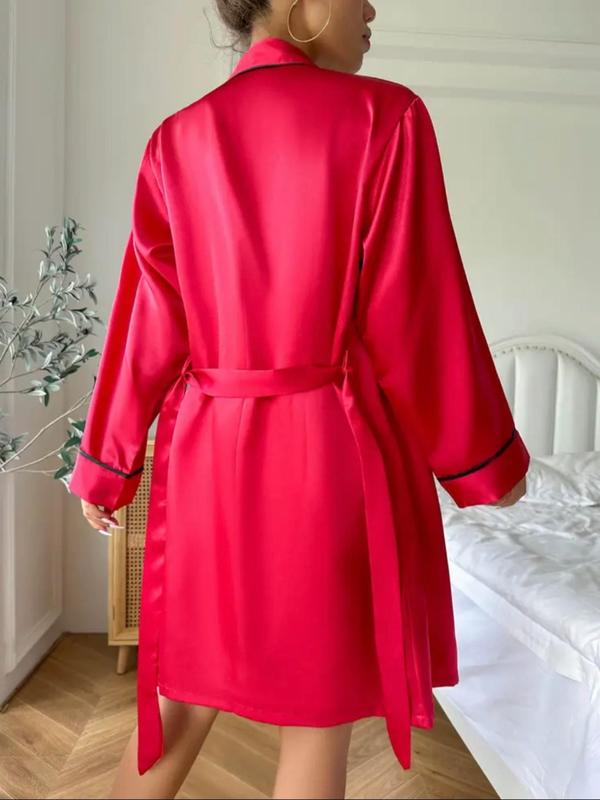 Women's Contrast Binding Belted Kimono Robe, Princess Robe, Ice Silk Dressing Gown for Women, Girly Clothes, Bride's Robe for Honeymoon Wedding Bridal Party, Women's Sleepwear