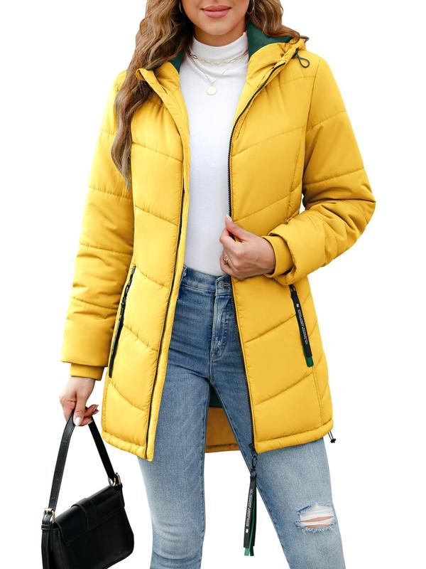 Women's Solid Drawstring Pocket Zip Up Hooded Quilted Jacket, Casual Tops, Long Sleeve Outerwear for Fall & Winter, Ladies Clothes for Daily Wear