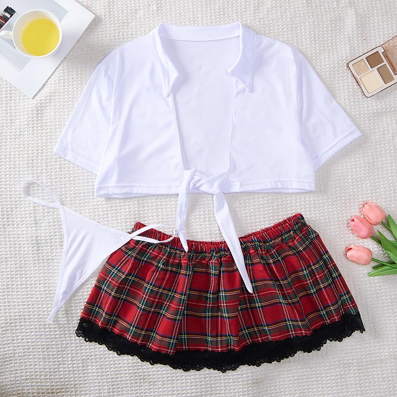 YOKO [White Red, Size S-XL] 3-piece Lingerie Set, Short Strappy Top, Red Plaid Skirt, Black Lace, Underwear