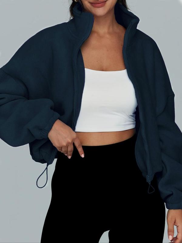 Women's Winter Warm Fleece Crop Jacket with Zipper and Drawstring, Cold Weather Clothes, Winter Clothes