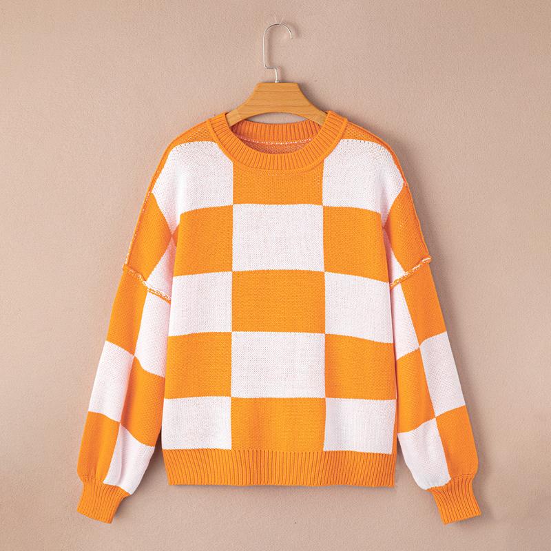 Women Checkered Bishop Sleeve Color Blocked Knitting Sweater, Casual Comfort Fit Casual Wear Round Neck checker Pullover sweater