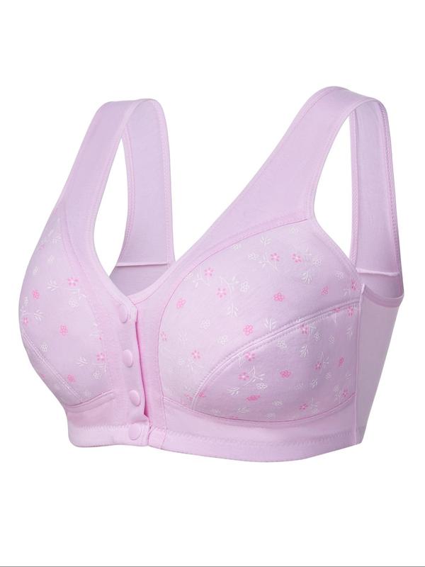 Plus Size 6pcs Floral Print Button Front Bra, Casual Soft Comfortable Breathable V Neck Bralette, Women's Underwear for All Seasons