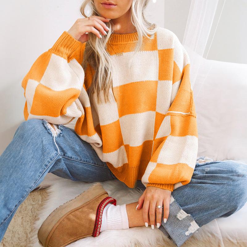 Women Checkered Bishop Sleeve Color Blocked Knitting Sweater, Casual Comfort Fit Casual Wear Round Neck checker Pullover sweater
