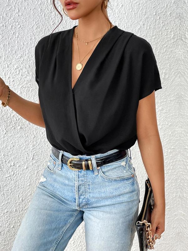 Women's Plain Wrap Batwing Sleeve Bodysuit, Elegant Deep V Neck Short Sleeve Bodysuit, Women's Summer Clothes for Daily Wear