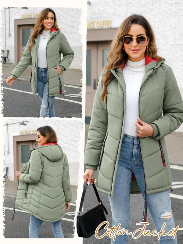 Women's Solid Drawstring Pocket Zip Up Hooded Quilted Jacket, Casual Tops, Long Sleeve Outerwear for Fall & Winter, Ladies Clothes for Daily Wear