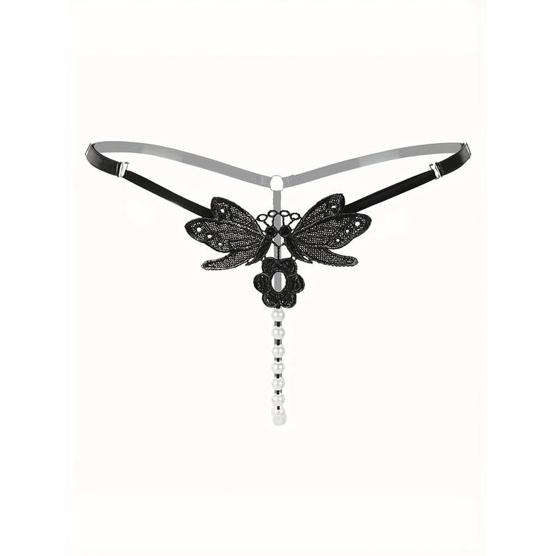 4 Pcs Seductive Lace Thongs, Low Waist Open Crotch Sheer G-String With Pendant Pearl, Women's Sexy Lingerie & Underwear