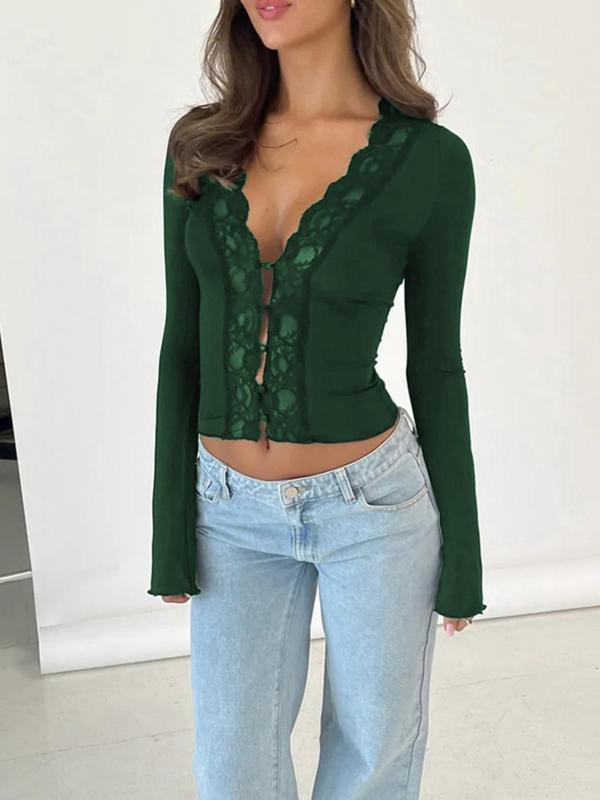 Women's Contrast Lace Button Front Flounce Sleeve Tee, Elegant Deep V Neck Scallop Trim Long Sleeve Top for Spring & Fall, Ladies Clothes for Daily Wear, Fall Outfits Black Girl, Fall Outfits 2024