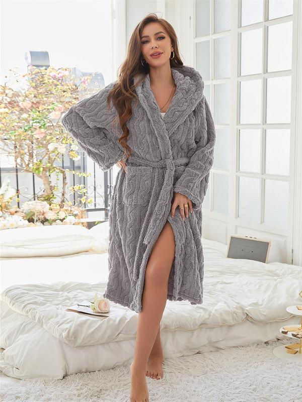 Women's Solid Textured Pocket Belted Hooded Robe, Casual Womenswear, Comfort Long Sleeve Warm Robe for Fall & Winter, Women's Sleepwear for Indoor Wear, Fall Wear, Fallfreshness