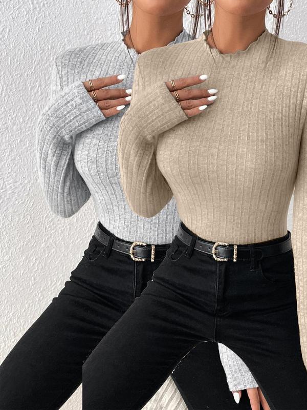 Women's Solid Lettuce Trim Mock Neck Ribbed Skinny Tee, Casual Long Sleeve T-shirt for Spring & Fall, Fashion Women's Knitwear for Daily Wear