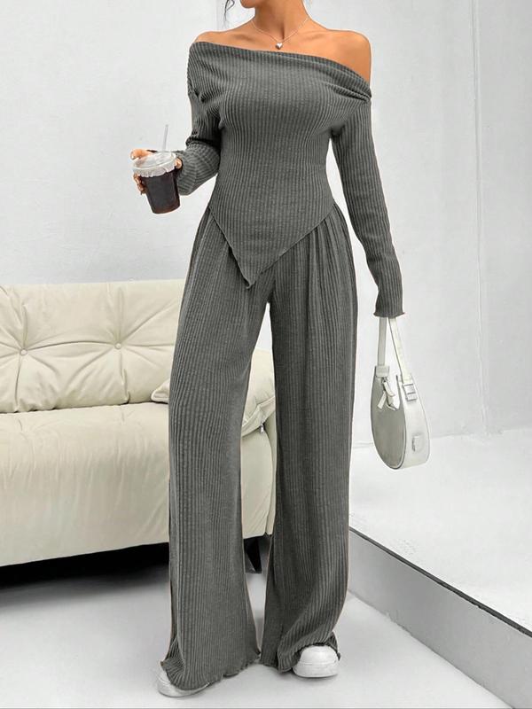 Women's Solid Off Shoulder Asymmetrical Tee & Elastic Waist Pants Two-piece Set, Casual Fashion Cozy Long Sleeve Ribbed Top & Lettuce Trim Trousers for Daily Outdoor Wear, Matching Sets, Women's 2 Piece Co Ord Sets for Spring & Fall