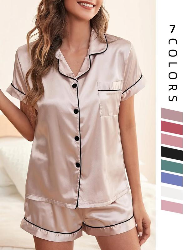 Two Four Six Counts Women's Satin Pyjama Lounge Co-ord Set, Lapel Collar Button Front Pocket Blouse & Contrast Binding Elastic Waist Pj Shorts Pajama Set, Lady Homewear for Summer, Back To School Wear Black Girl Wear