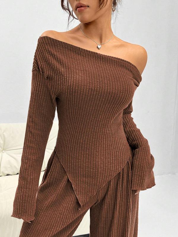 Women's Solid Off Shoulder Asymmetrical Tee & Elastic Waist Pants Two-piece Set, Casual Fashion Cozy Long Sleeve Ribbed Top & Lettuce Trim Trousers for Daily Outdoor Wear, Matching Sets, Women's 2 Piece Co Ord Sets for Spring & Fall