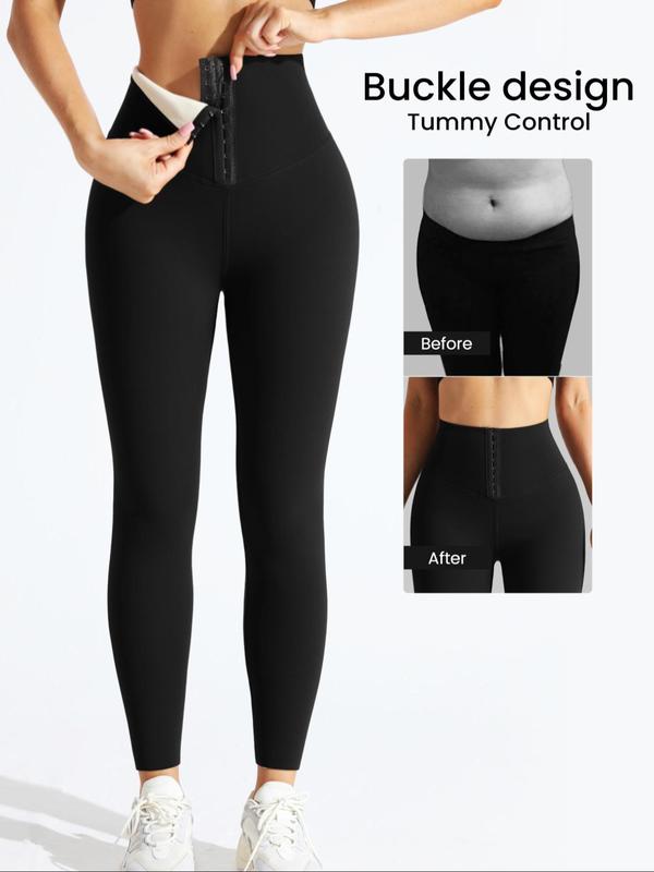 Women's Solid High Waist Thermal Lined Leggings, Casual Comfy Hook & Eye Front Warm Skinny Pants for Daily Wear, Ladies Bottoms for Fall & Winter