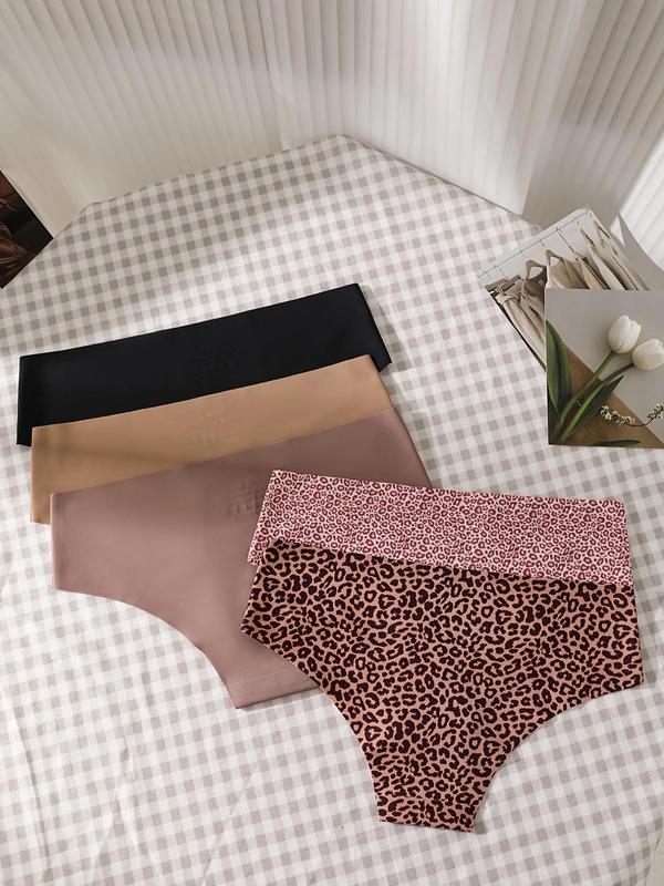 Women's 5pcs Solid Color & Leopard Print Seamless Panties, Casual Soft Comfy Breathable Knicker for Daily Wear, Underwear for All Seasons