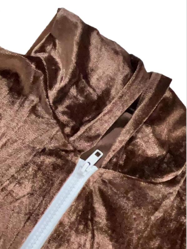  Two-piece Set Solid Zip Up Crop Hooded Jacket & Elastic Waist Pants Velvet Set, Casual Long Sleeve Pocket Outerwear & Drawstring Trousers for Daily Wear, Women's Two-piece Outfits for Fall & Winter