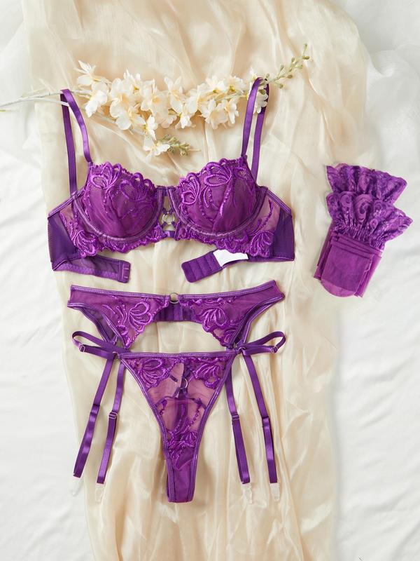 Women's Contrast Lace Sexy Lingerie Set, 2024 New Style Bra & Garter Belt & Thong & Stockings & Gloves Set, Lingerie Set for Women Dainty Gift for Your Love