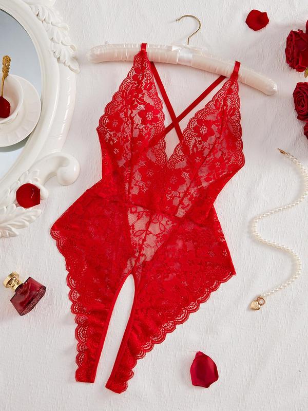 Women's Heart Rhinestone Decor Criss Cross Backless Sexy Lace Bodysuit, Adjustable Strap Scallop Trim Bodysuit for Indoor Wear, Women's Lingerie for All Seasons