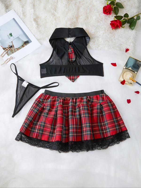 Women's Plaid Print Contrast Lace Sexy School Costumes Set for Christmas Party, Fashion Necktie Backless Crop Top & Pleated Skirt & Sheer Thong Set, Women's Lingerie & Underwear for Daily Wear