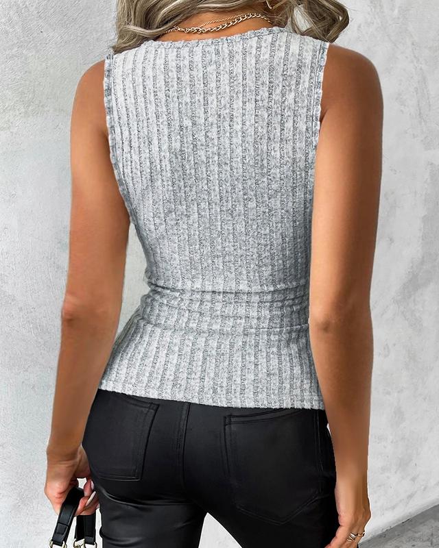 ChicMe Women's Wrap Ruched Tank Tops V-Neck Solid Button Design Slim Fit Casual Holiday Summer Ribbed Tee Tops Sleeve Sleeveless