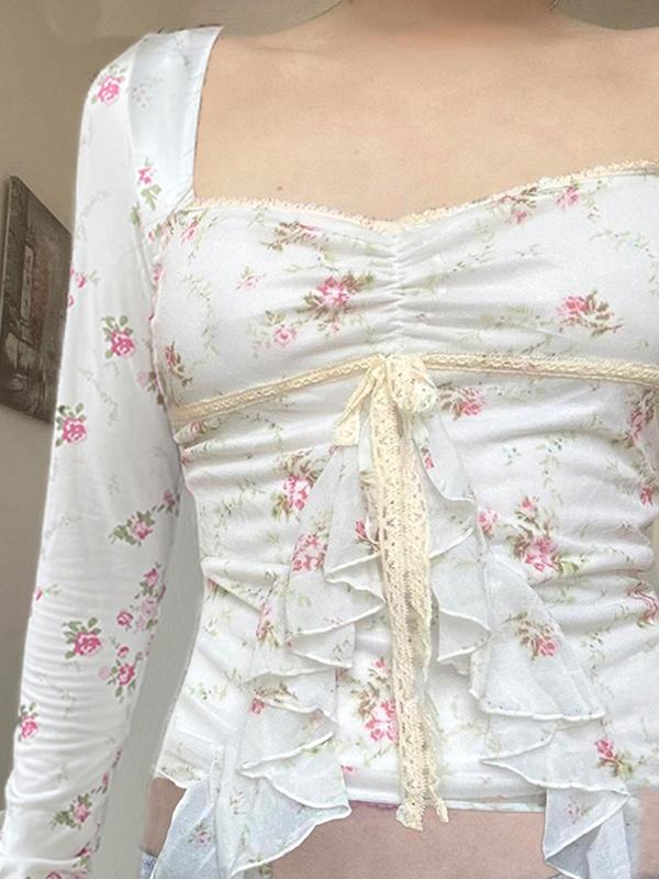 Women's Floral Print Contrast Lace Ruched Ruffle Trim Tee, Casual Sweetheart Neck Long Sleeve T-shirt for Fall & Winter, Women's Clothing for Daily Wear
