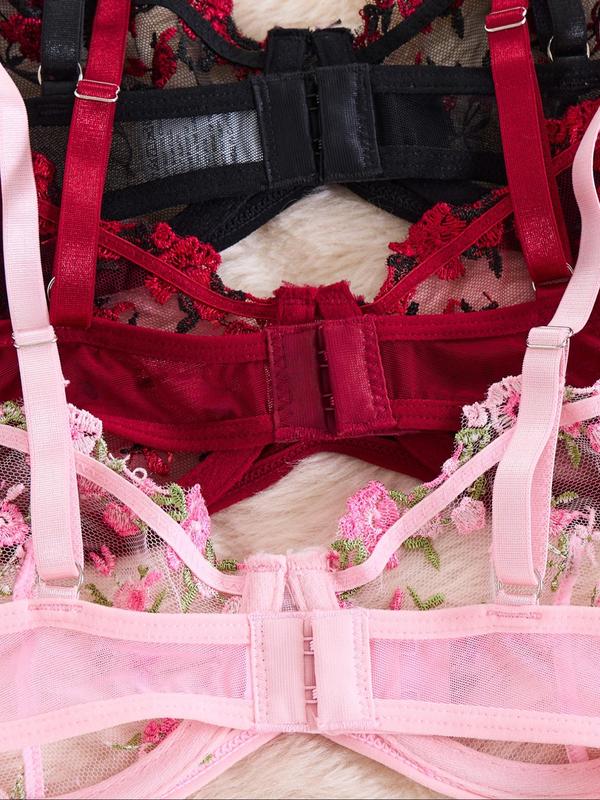 Women's Floral Embroidery Sheer Mesh Underwear Set, Sexy Adjustable Strap Push Up Bra & Thong Set, Breathable Lingerie Set for Women