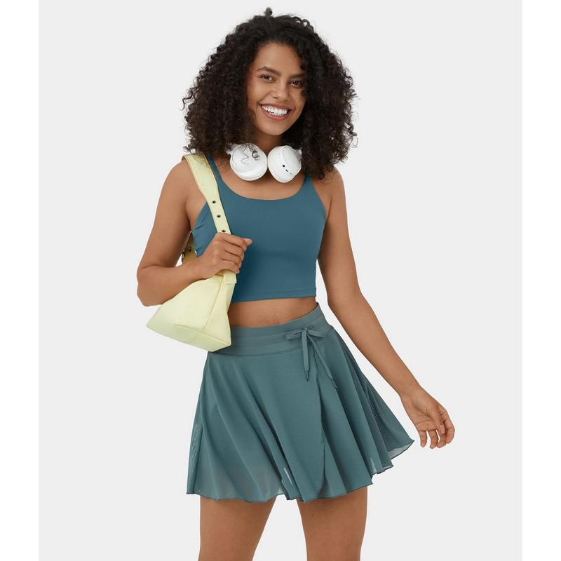 Halara High Waisted Drawstring Contrast Mesh 2-in-1 Side Pocket Flowy Mini Flare Casual Skirt