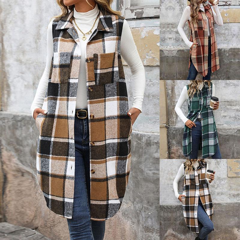 New Autumn Women's Clothing Lapel Long Plaid Coat Vest