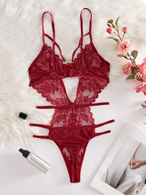 Women's Solid Cut Out Sheer Lace Lingerie Bodysuit, Sexy Breathable Spaghetti Strap Push Up Bodysuit for Daily Wear, Summer Nightwear, Sexy Lingeries for All Seasons, Fall Wear 2024 Birthday Wear Black Girl