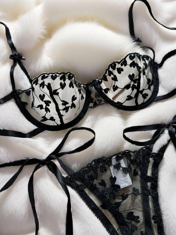 Women's Heart Embroidery Sheer Tulle Sexy Lingerie Set, Adjustable Strap Bra & Thong Set, Soft Comfy Breathable Lingerie Set for Women