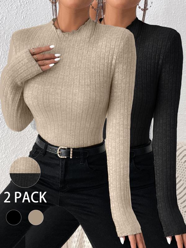 Women's Solid Lettuce Trim Mock Neck Ribbed Skinny Tee, Casual Long Sleeve T-shirt for Spring & Fall, Fashion Women's Knitwear for Daily Wear