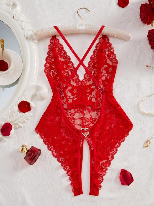 Women's Heart Rhinestone Decor Criss Cross Backless Sexy Lace Bodysuit, Adjustable Strap Scallop Trim Bodysuit for Indoor Wear, Women's Lingerie for All Seasons
