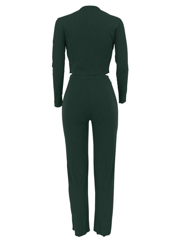 Women's Plain Button Front V Neck Top & Drawstring Waist Pants Set, Two Piece Sets, Fall 2 Piece Set Women Wear, Long Sleeve Top & Elastic Waist Trousers Co-ord Sets Downtown Girl Clothes