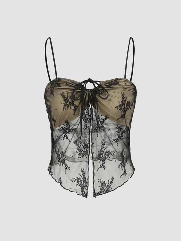 Women's Ditsy Floral Lace Sheer Lettuce Trim Crop Cami Top, 2000s Y2K Asymmetrical Hem Drawstring Tie Front Top, Ladies Clothes for Summer