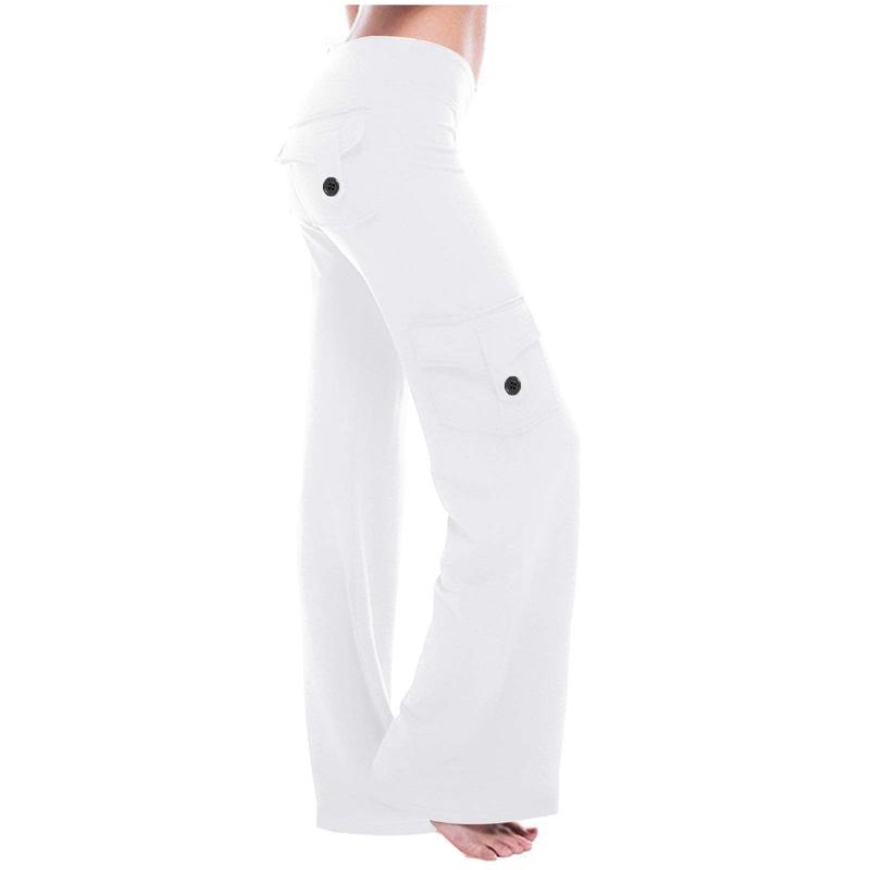 Womens Cargo Pants High Waist Wide Leg Pants with Pockets Casual Button Stretch Yoga Workout Leggings Gym Sweatpants Womenswear Bottom Trouser