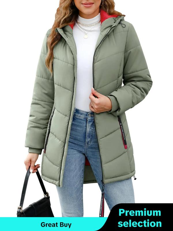 Women's Solid Drawstring Pocket Zip Up Hooded Quilted Jacket, Casual Tops, Long Sleeve Outerwear for Fall & Winter, Ladies Clothes for Daily Wear