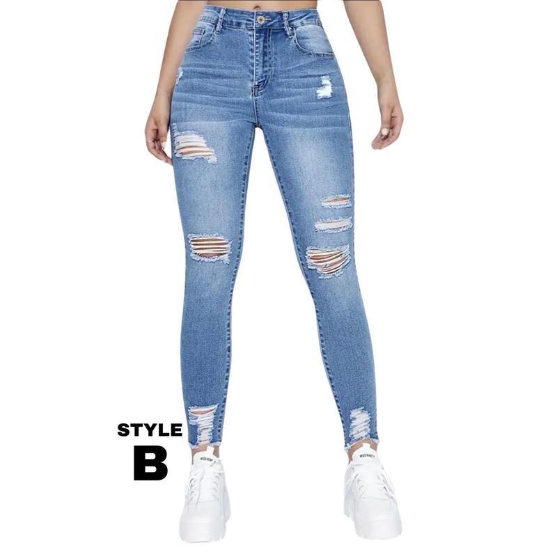 Ripped Holes Skinny Jeans, High Rise, Slim Fit Stretchy Tight Jeans, Women's Denim Jeans & Clothing