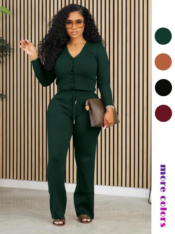 Women's Plain Button Front V Neck Top & Drawstring Waist Pants Set, Two Piece Sets, Fall 2 Piece Set Women Wear, Long Sleeve Top & Elastic Waist Trousers Co-ord Sets Downtown Girl Clothes